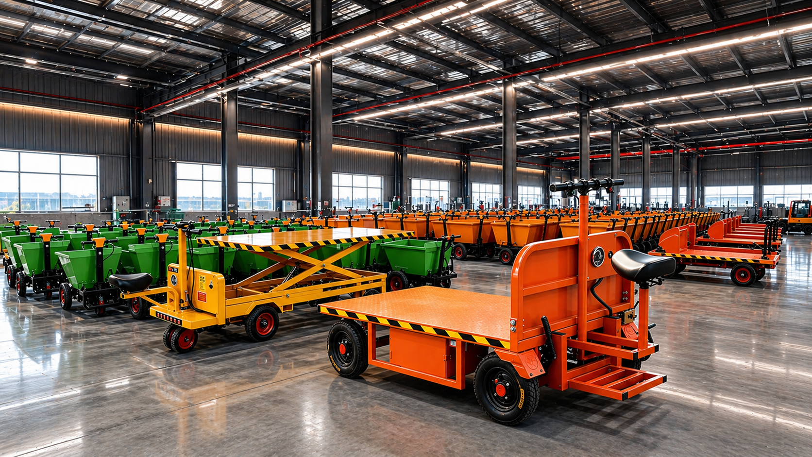 Three electric platform cart products in a warehouse