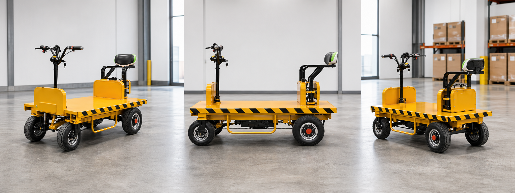 Electric flatbed transport cart multi-angle product banner